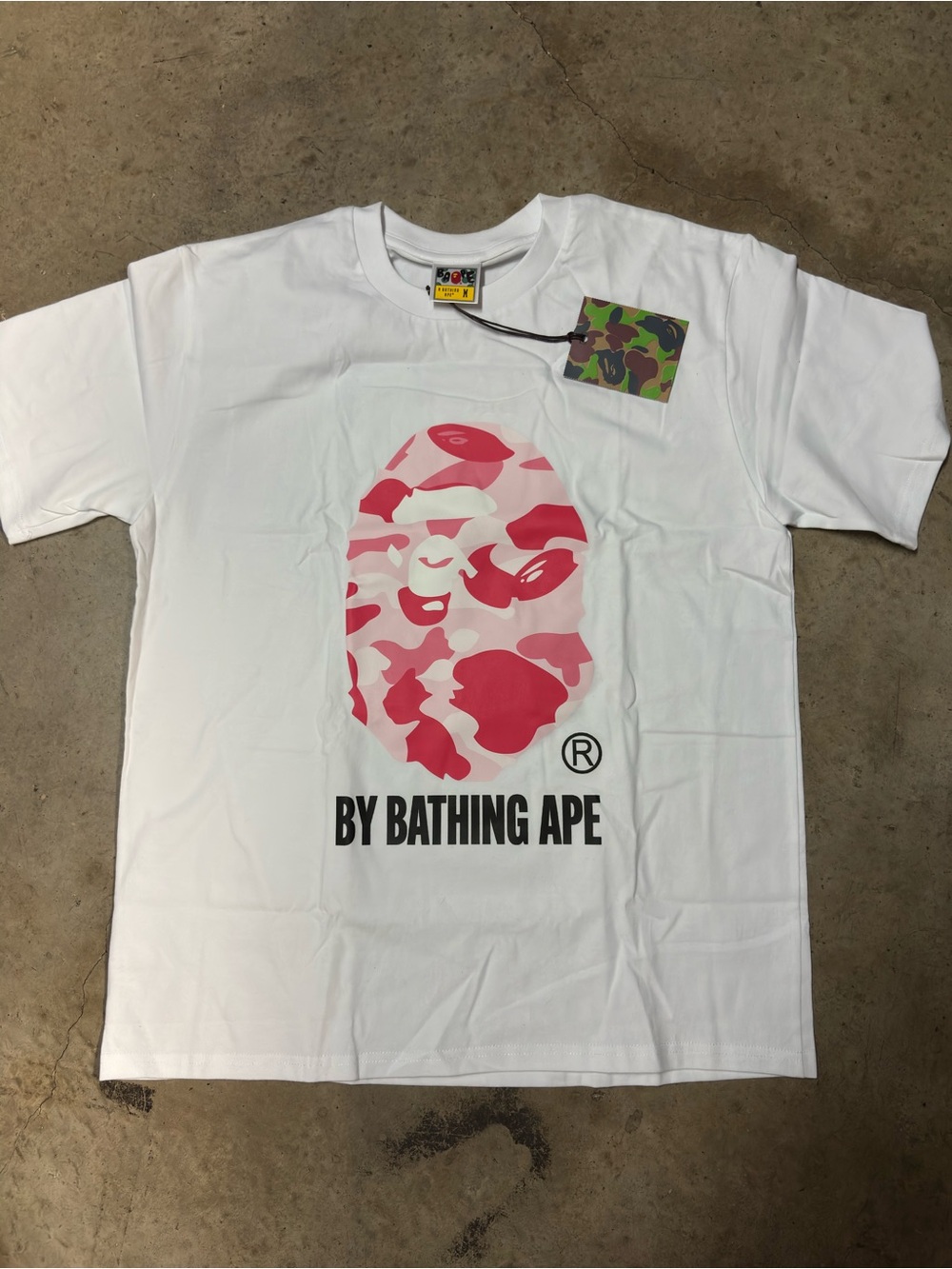 Bape White Short Sleeve Tee with Pink Camo Ape Graphic